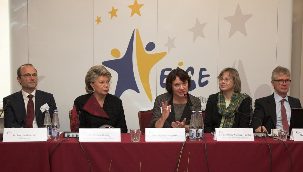 left to right: FRA's Director Morten Kjaerum, Vice President of the European Commission Viviane Reding, EIGE's Director Virginija Langbakk, Chair of EIGE's Management Board Eva Maria Welskop Deffaa, Eurofound's Director Jorma Karppinen 