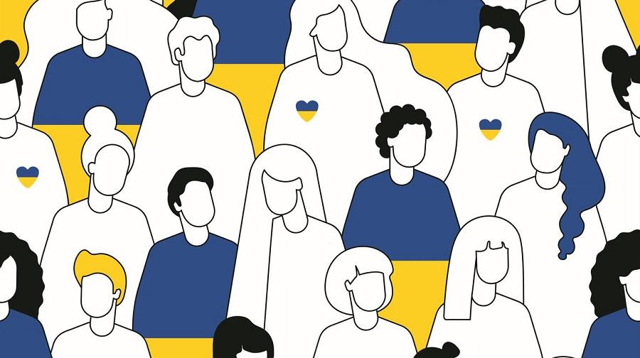 Crowd of drawn people wearing Ukrainian colors